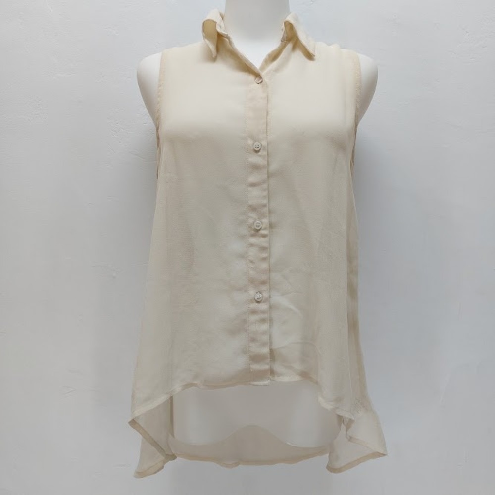 Sparkle & Fade Button Down Women's High Low Chiffon Top Small Cream Sleeveless